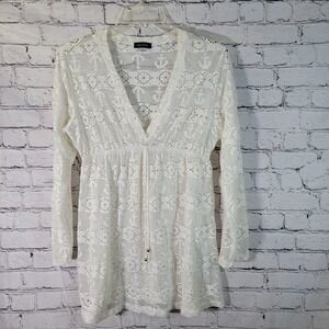 Nautica‎ Swimsuit Cover Up Size Small White Sheer Mesh Anchors V Neck Drawstring